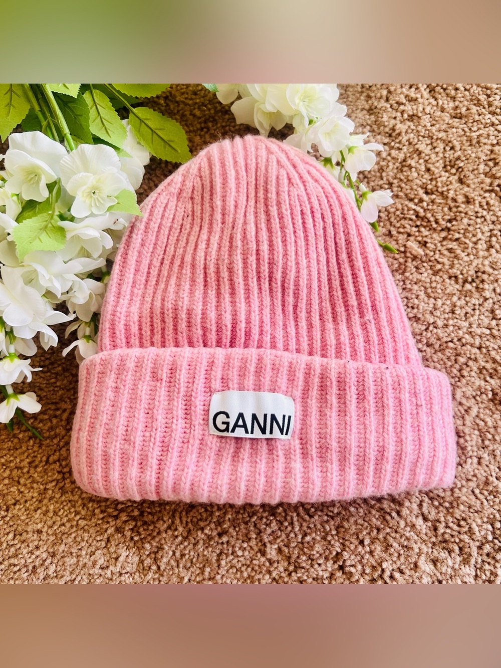 GANNI Pink Ribbed Knit Beanie